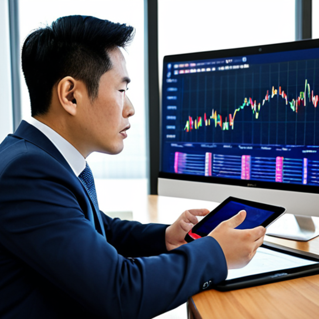 A confident Vietnamese financial analyst, fully clothed in a modest business suit, sitting calmly at a modern desk in a high-tech office. Large screens in the background display abstract financial charts, conveying market stability. The analyst holds a tablet, exuding an aura of thoughtful planning and control. Natural light fills the spacious room, creating a professional and calm atmosphere. safe for work, appropriate content, fully clothed, professional, perfect anatomy, correct proportions, natural pose, well-formed hands, proper finger count, natural body proportions, high-quality professional photography, clean composition.