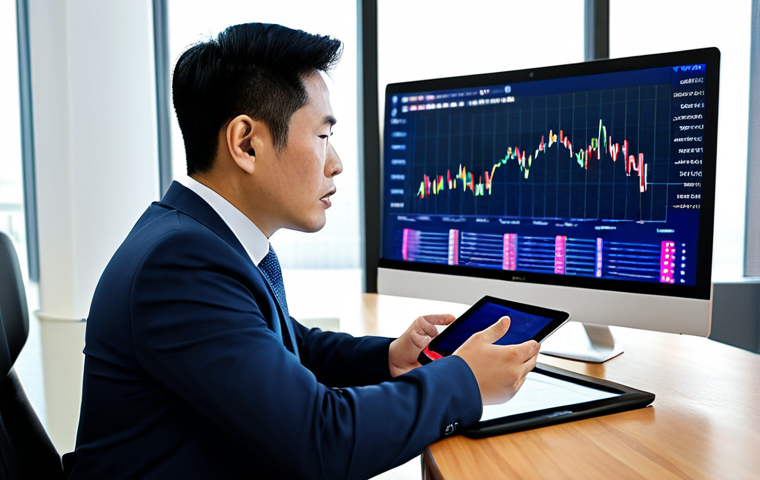 A confident Vietnamese financial analyst, fully clothed in a modest business suit, sitting calmly at a modern desk in a high-tech office. Large screens in the background display abstract financial charts, conveying market stability. The analyst holds a tablet, exuding an aura of thoughtful planning and control. Natural light fills the spacious room, creating a professional and calm atmosphere. safe for work, appropriate content, fully clothed, professional, perfect anatomy, correct proportions, natural pose, well-formed hands, proper finger count, natural body proportions, high-quality professional photography, clean composition.
