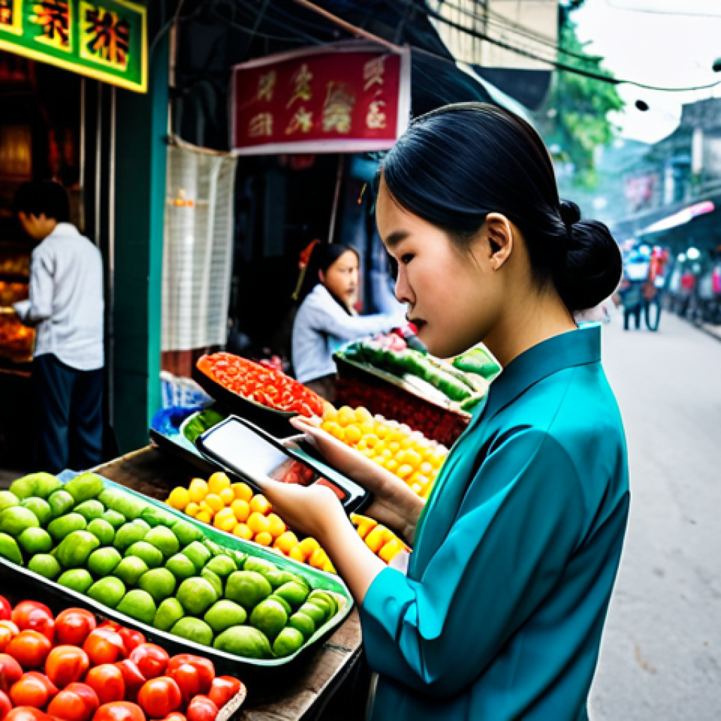 **
"A vibrant market scene in Hanoi, Vietnam, with a young woman in ao dai using her smartphone to check stock prices, surrounded by traditional street food vendors and bustling activity. Focus on the modern meets traditional atmosphere. Safe for work, appropriate content, fully clothed, professional quality, realistic photography, natural lighting."
**