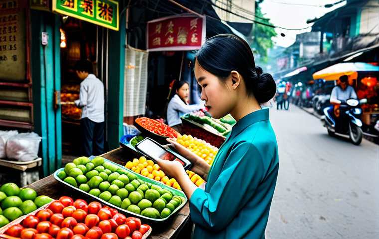 **
"A vibrant market scene in Hanoi, Vietnam, with a young woman in ao dai using her smartphone to check stock prices, surrounded by traditional street food vendors and bustling activity. Focus on the modern meets traditional atmosphere. Safe for work, appropriate content, fully clothed, professional quality, realistic photography, natural lighting."
**