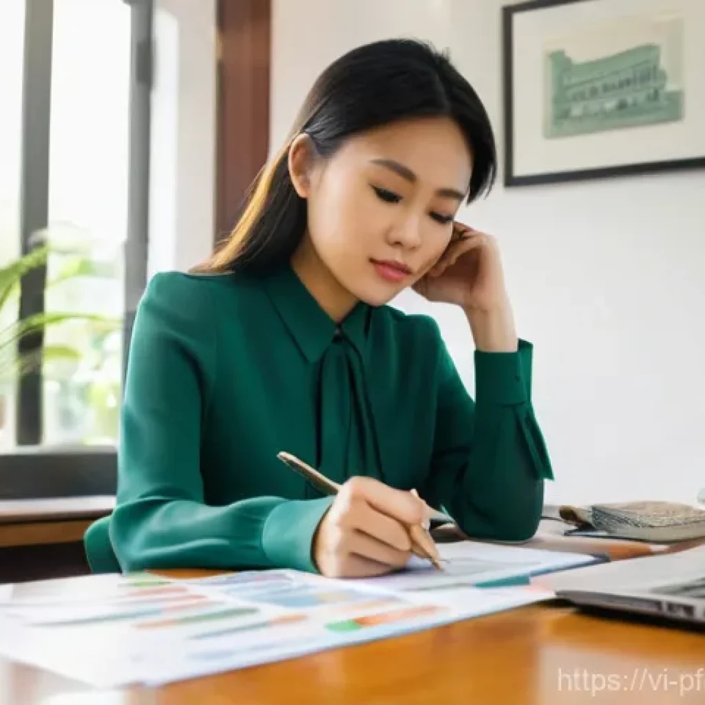 포트폴리오 관리에서의 재무 계획의 중요성 - **Prompt:** A young Vietnamese woman, aged 28, sits at a clean, modern desk in a well-lit home offic...