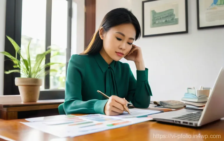 포트폴리오 관리에서의 재무 계획의 중요성 - **Prompt:** A young Vietnamese woman, aged 28, sits at a clean, modern desk in a well-lit home offic...