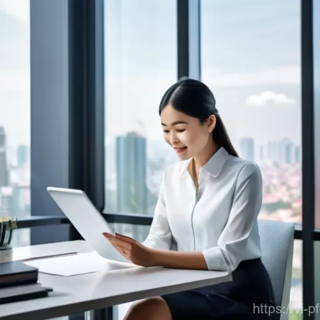 간접 투자로 포트폴리오 다각화하기 - **Prompt:** "A Vietnamese professional, appearing calm and assured, comfortably works from a modern ...