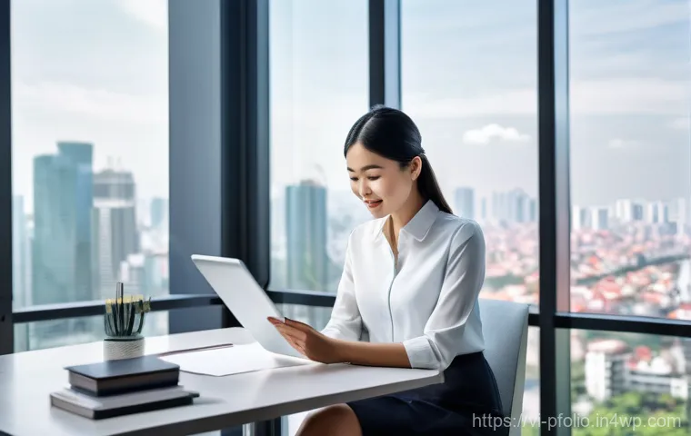 간접 투자로 포트폴리오 다각화하기 - **Prompt:** "A Vietnamese professional, appearing calm and assured, comfortably works from a modern ...