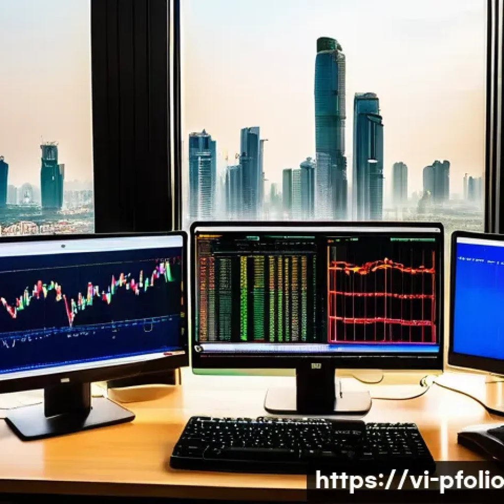 글로벌 시장을 반영한 투자 포트폴리오 전략 - A detailed and vibrant financial analyst’s workspace in Vietnam, featuring multiple large monitors d...