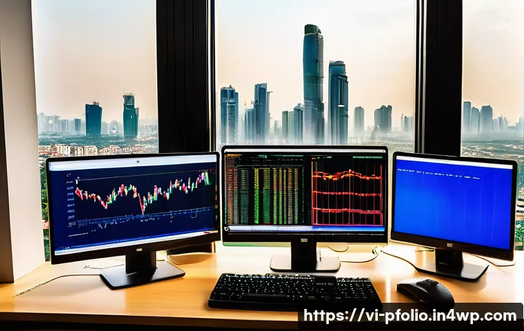 글로벌 시장을 반영한 투자 포트폴리오 전략 - A detailed and vibrant financial analyst’s workspace in Vietnam, featuring multiple large monitors d...