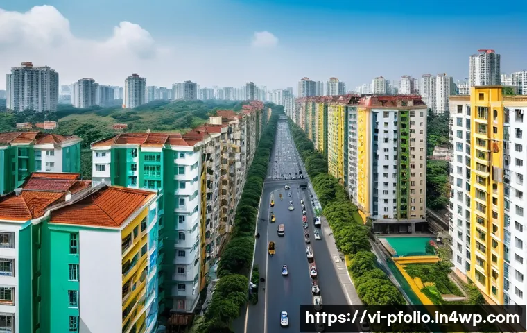 부동산 및 인프라 자산을 포함한 포트폴리오 구축 - A vibrant urban scene in Hanoi featuring modern residential apartment buildings with well-maintained...