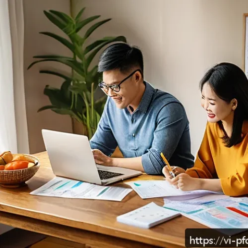 Home 31 투자 포트폴리오에서 실수요와 투자 수요의 균형 - A detailed scene of a Vietnamese family budgeting at home, showing a young couple sitting at a woode...