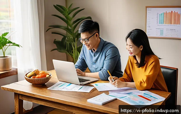 투자 포트폴리오에서 실수요와 투자 수요의 균형 - A detailed scene of a Vietnamese family budgeting at home, showing a young couple sitting at a woode...