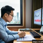 Home 23 투자 포트폴리오에서 외환 리스크 관리 - A sophisticated financial analyst at a modern Vietnamese office desk, surrounded by multiple monitor...