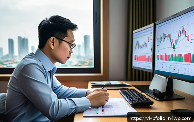 투자 포트폴리오에서 외환 리스크 관리 - A sophisticated financial analyst at a modern Vietnamese office desk, surrounded by multiple monitor...