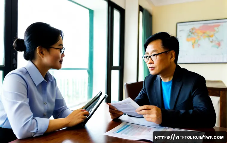 Home 17 정기적인 포트폴리오 리뷰의 필요성 - Photorealistic Vietnamese middle-aged couple conducting a regular investment portfolio review at a t...